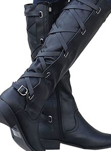 Womens Strappy Motorcycle Knee High Boots